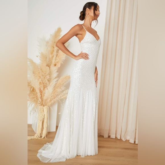 NWOT Lulus Adoring Devotion White Mesh Beaded Sequin Mermaid Maxi Dress - Picture 3 of 7